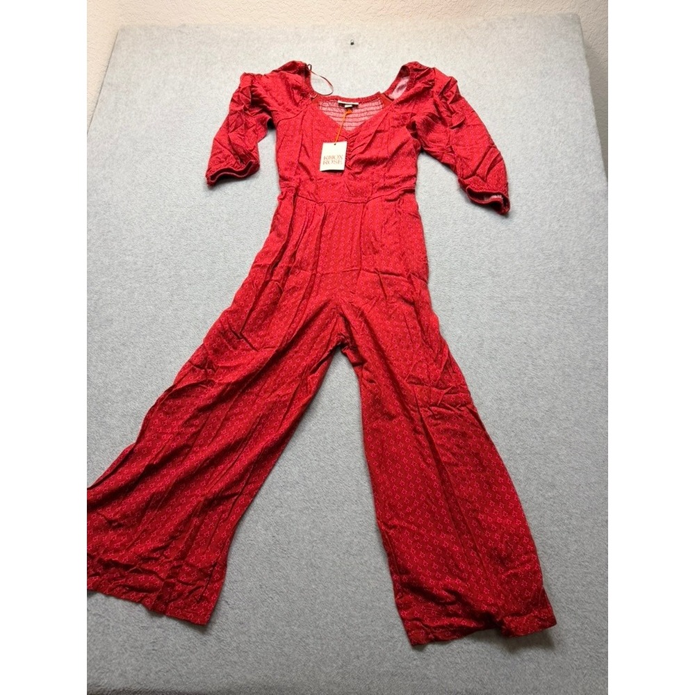Knox Rose Womens Red Floral Puff Sleeve Wide Leg Jumpsuit Boho Smocked Back NEW